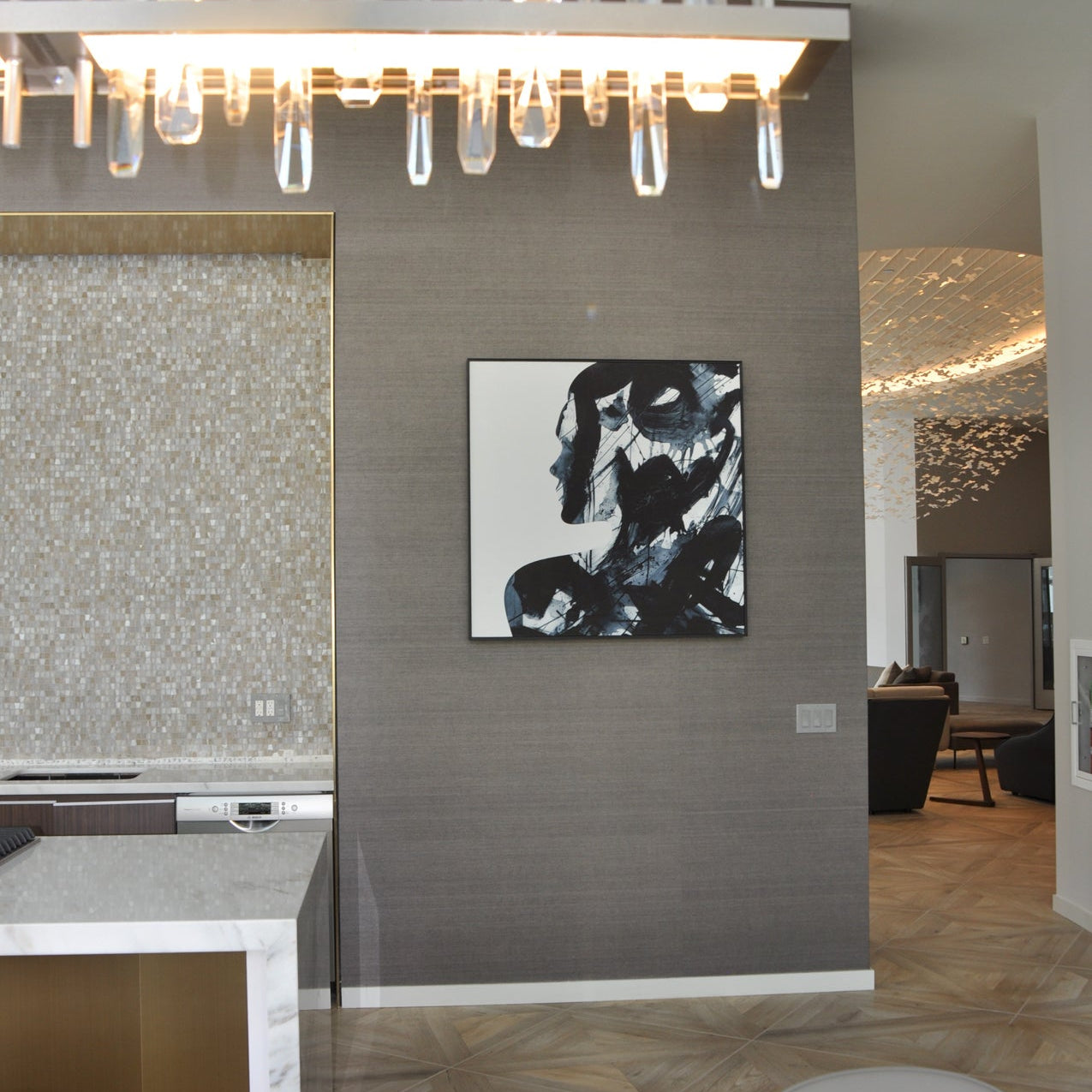 Chic amenity space in 465 North Park showcasing a WRAPPED Studio abstract canvas with dynamic black strokes, enhancing the curated living experience.