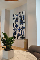 Contemporary 465 North Park lobby featuring a blue and black abstract painting by WRAPPED Studio, elevating the space with its artistic flair.