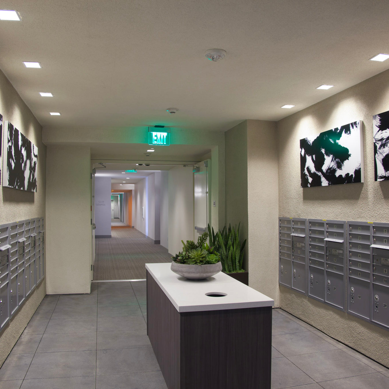 Modern mailroom in Alexan Aspect luxury residence with rows of silver mailboxes and abstract black and white brushstroke canvases by WRAPPED Studios on the walls.