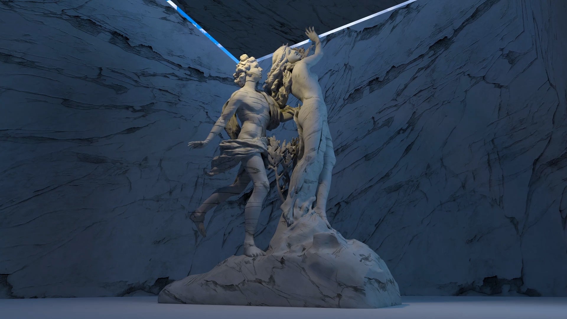 A classical sculpture illuminated by a sharp line of blue light, creating a striking contrast between the marble figures and the rough stone background, presented as a thumbnail for a video art installation.