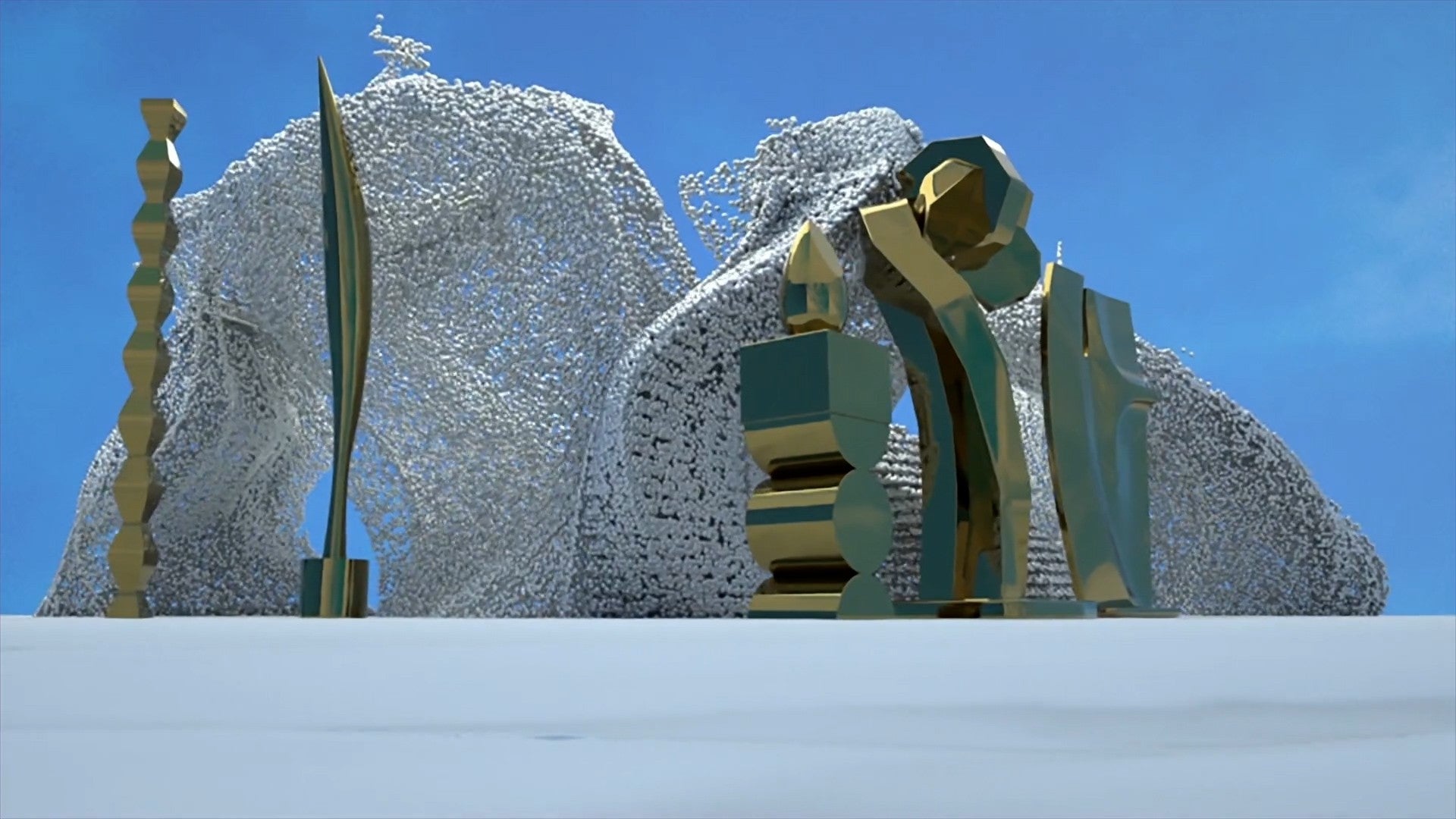 Thumbnail for video art featuring a swirling mass of silver particles juxtaposed with geometric golden structures, blending classic sculpture aesthetics with futuristic elements.