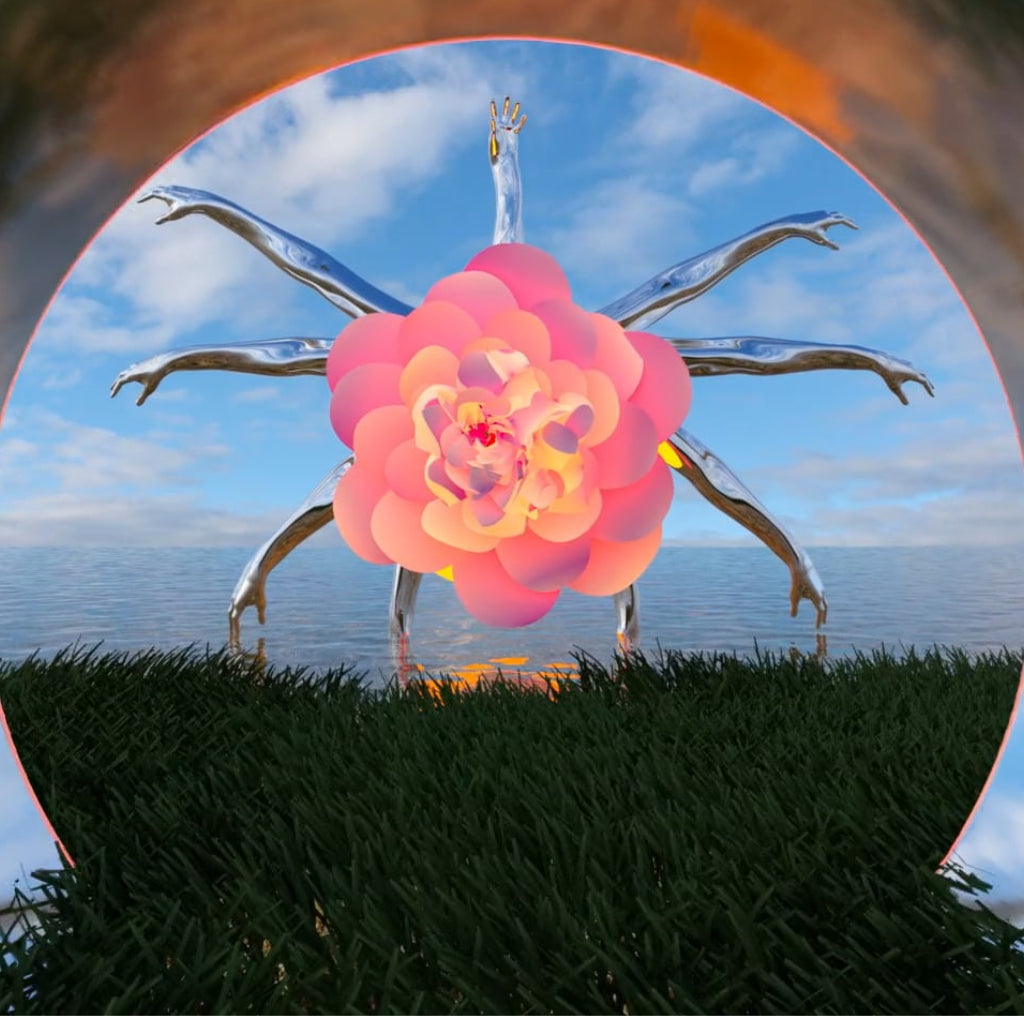 A mesmerizing thumbnail for video art featuring a dreamlike tunnel of vibrant pink flowers and a central blossoming flower framed by a geometric arch, all set against a serene sky and lush grass.