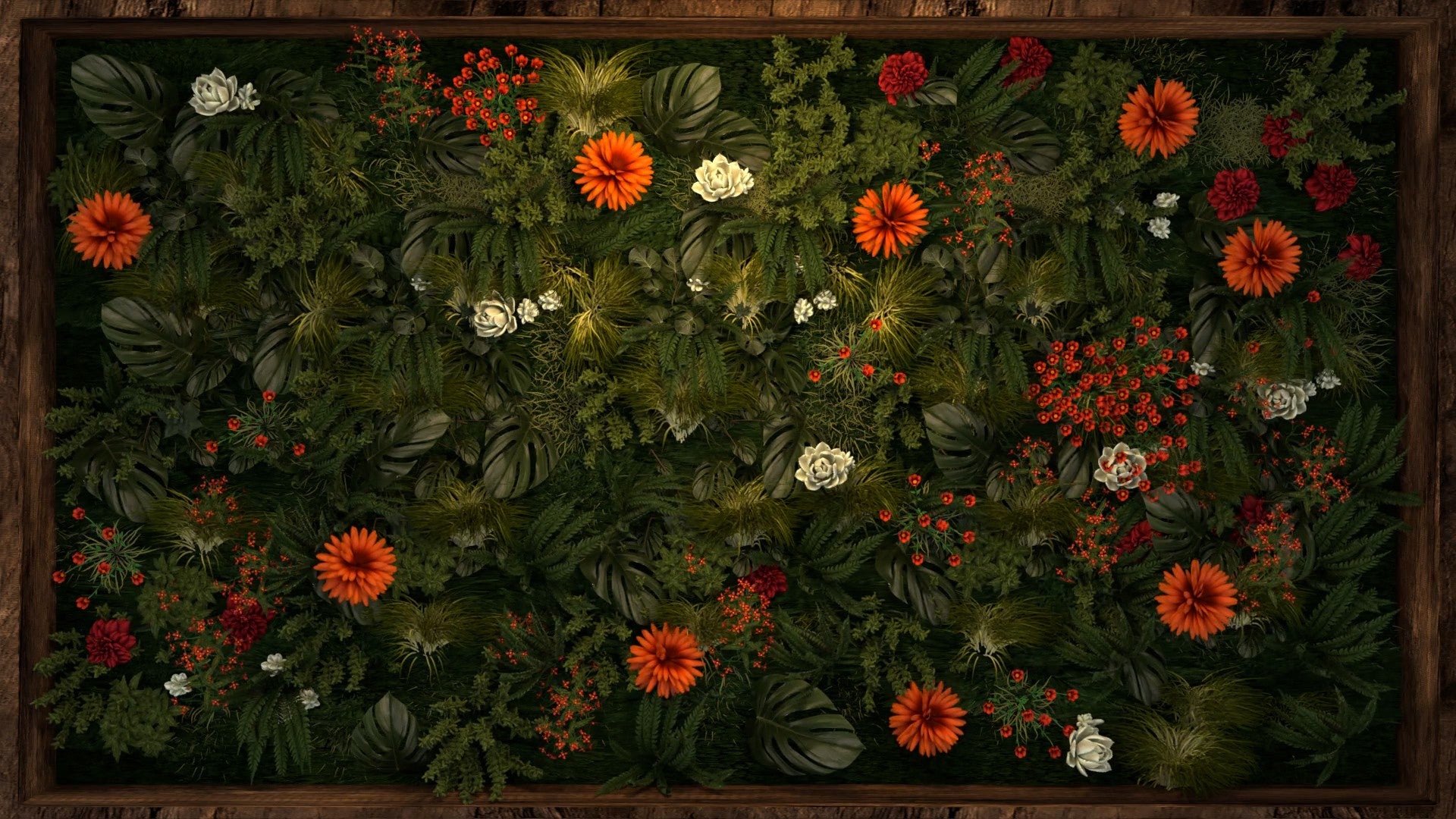 Thumbnail representing a video art creation, illustrating a richly detailed living wall with a variety of lush greenery and interspersed bright flowers, conveying a sense of vitality and natural diversity.