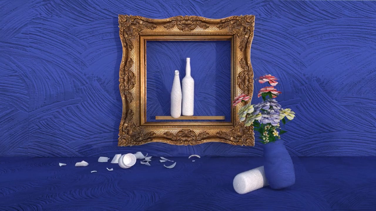 An elegantly framed image of two white bottles on a shelf within a baroque-style golden frame, accompanied by a blue vase and flowers, portraying a still life setup influenced by Morandi for a video art piece.