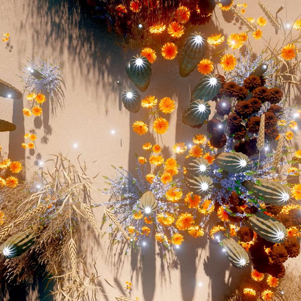 Thumbnail of video art work, depicting a desert oasis with cacti and wildflowers blooming under a sunlit sky, casting long shadows on the sandy ground, evoking warmth and tranquility.