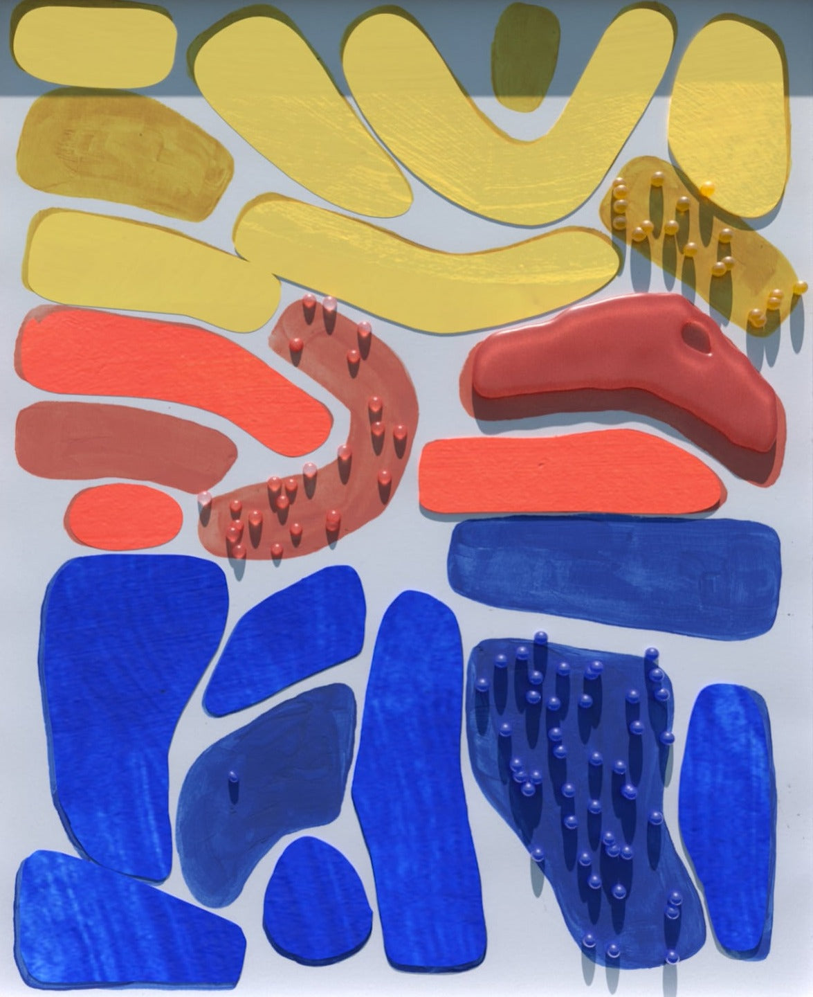 Thumbnail of video art showing an array of painted abstract shapes in bold yellow, red, and blue, with a playful touch of dripping paint
