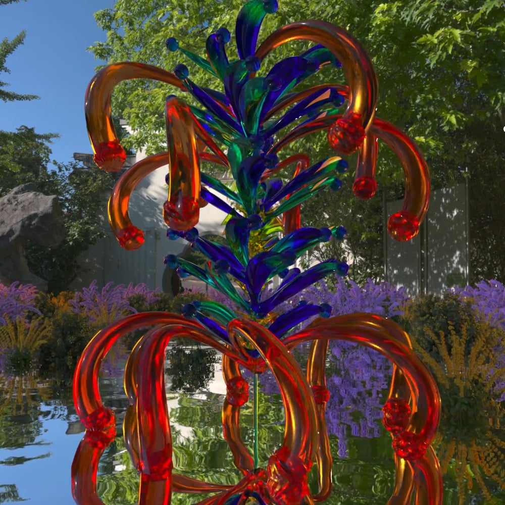 Artistic thumbnail for a video art piece portraying a surreal sculpture of reflective, glass-like botanical elements with vivid red and blue hues, mirrored in a tranquil water garden setting.