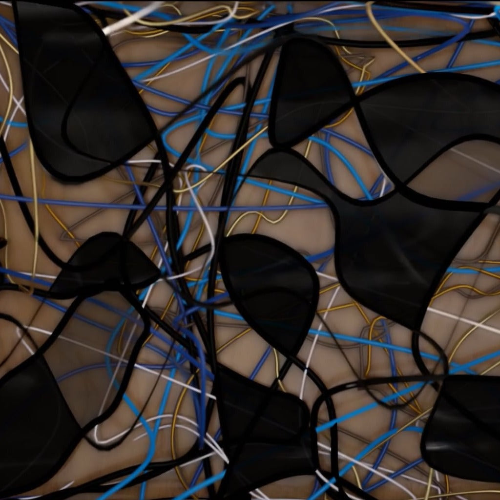 Abstract video art thumbnail illustrating a chaotic tangle of black and blue strings against a neutral backdrop, symbolizing complexity and connectivity.