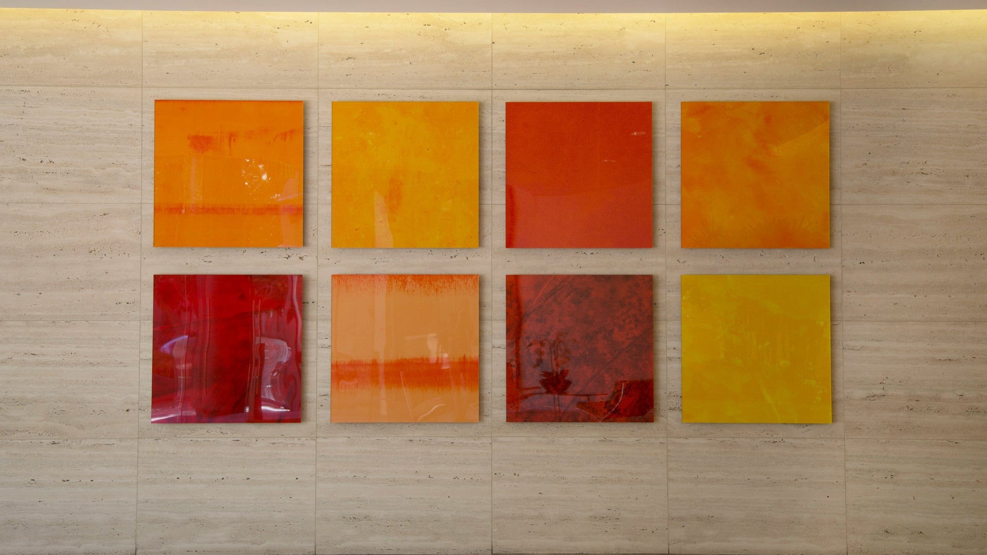 Contemporary acrylic-on-canvas art collection in the upscale office lobby of 101 Broadway, San Diego