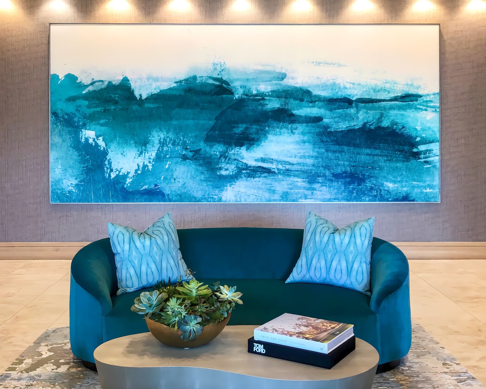 Ocean-inspired abstract artwork in the lobby of 1221 Ocean, a site-specific installation by WRAPPED Studio.
