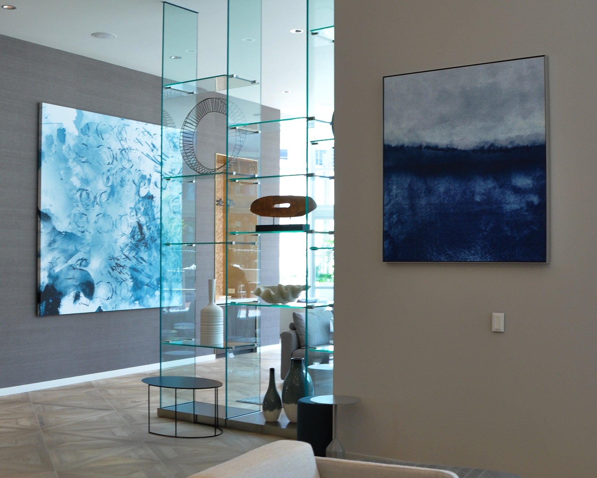 Custom artwork by WRAPPED Studio installed in the amenity space at 465 North Park Drive, a luxury multifamily development.