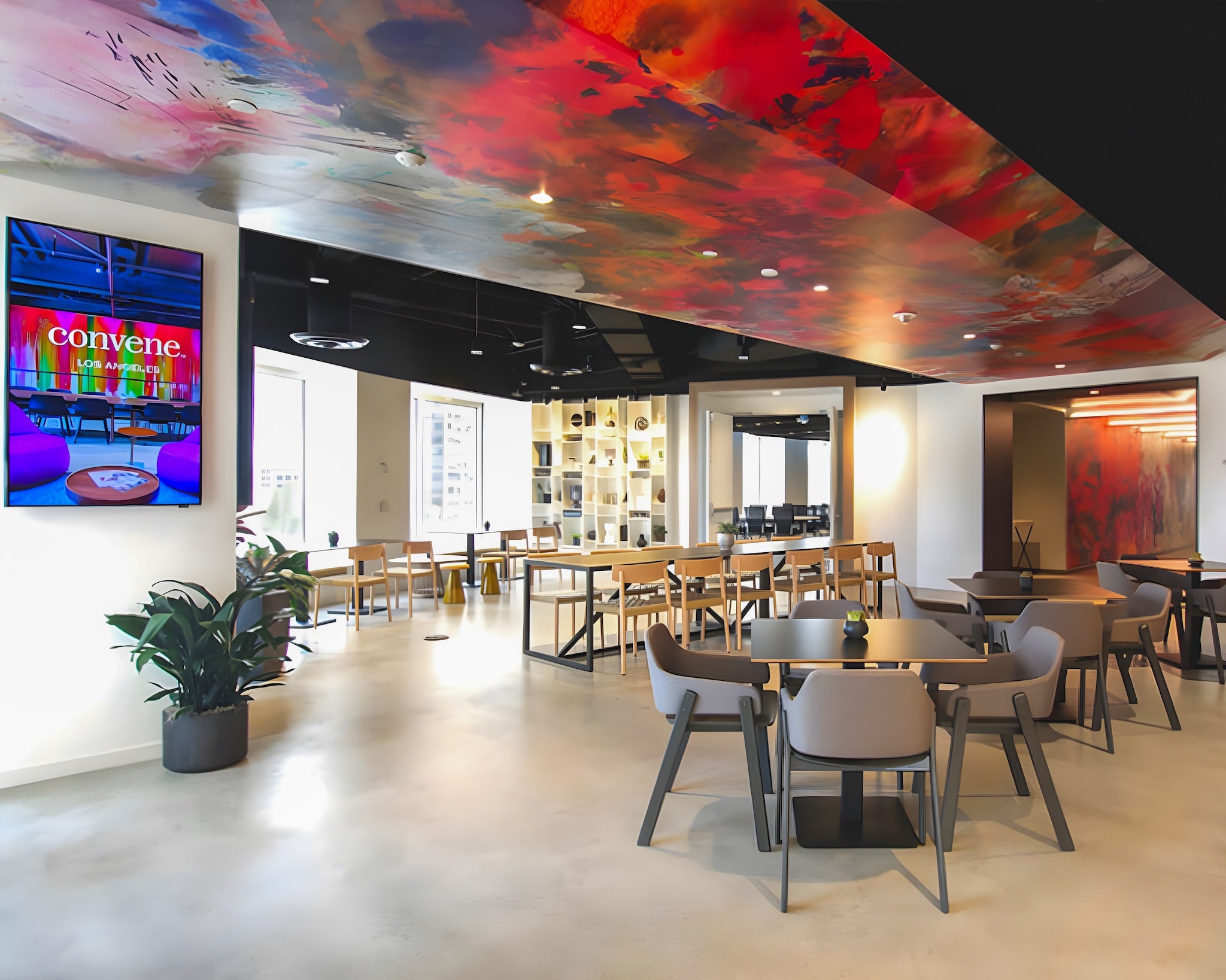 Custom ceiling wallcovering installation by WRAPPED Studio at Convene DTLA, designed to enhance a modern workplace environment.